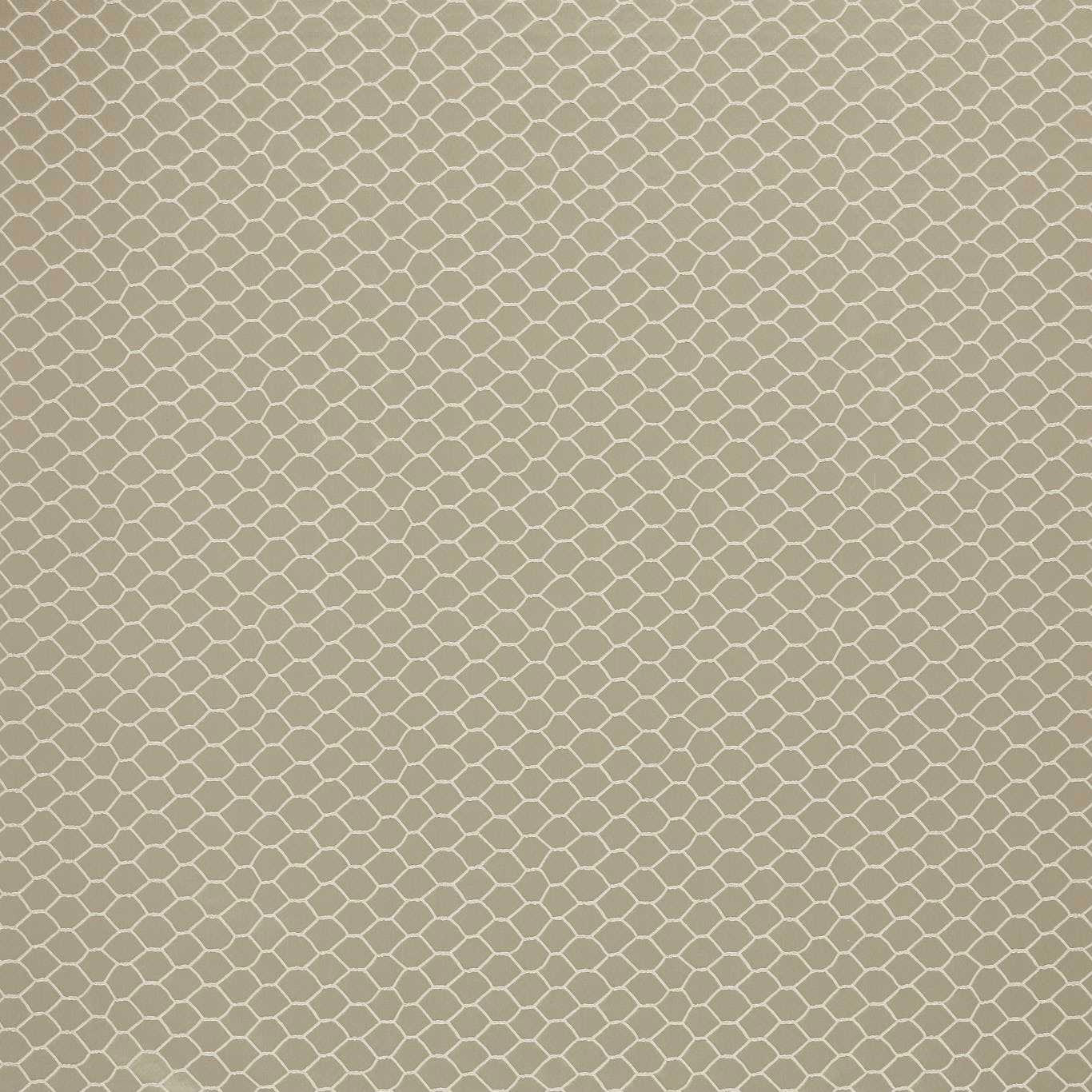 Close-up of soft stone beige geometric net fabric with fine cream outlines