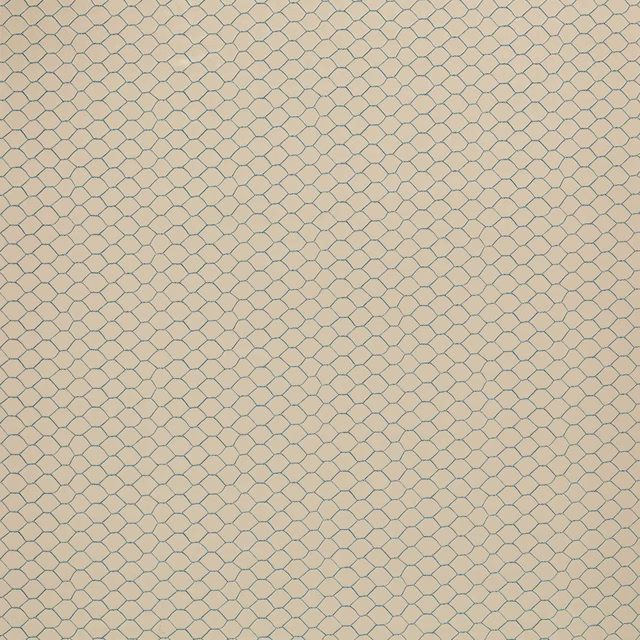Cream fabric swatch with fine blue-grey net-like geometric pattern