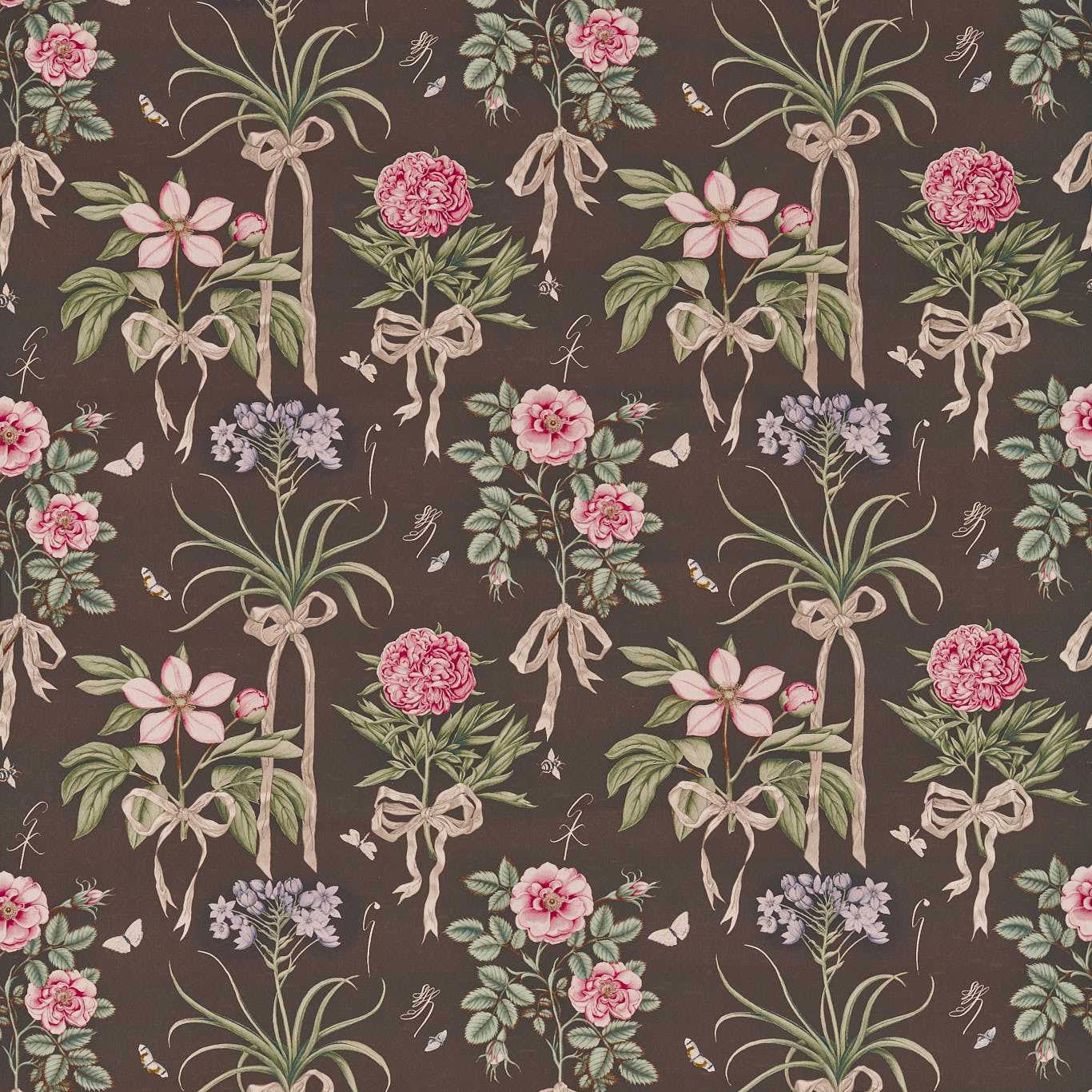Dark chocolate fabric swatch with pink floral bows and green botanical sprigs