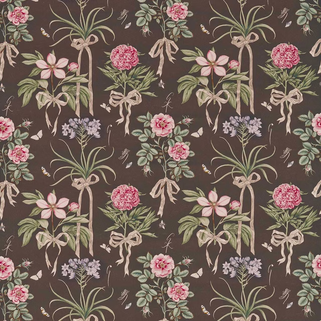 Dark chocolate fabric swatch with pink floral bows and green botanical sprigs