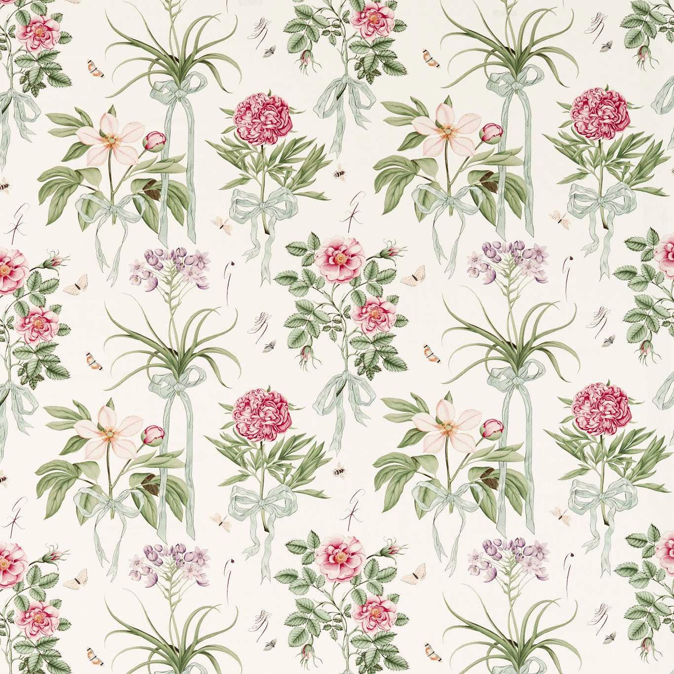Cream floral fabric with pink blooms, sage ribbons and botanical sprigs