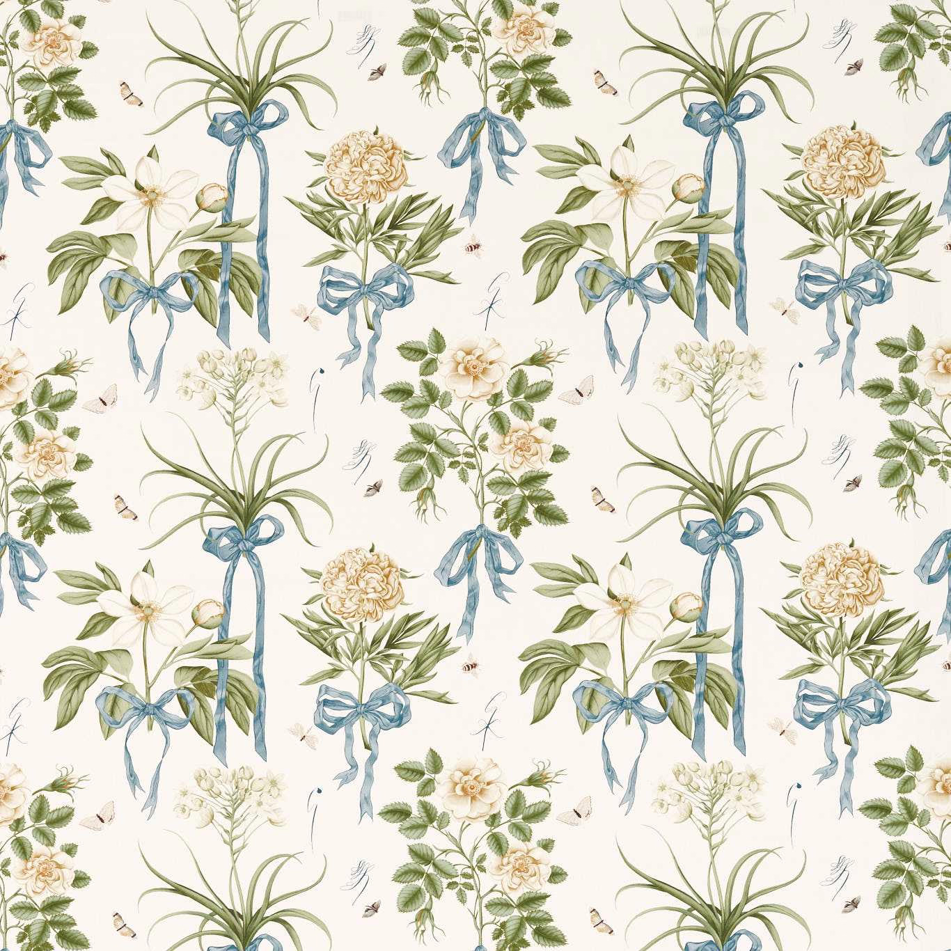 Cream botanical fabric with blue ribbon bows, green foliage and floral sprigs