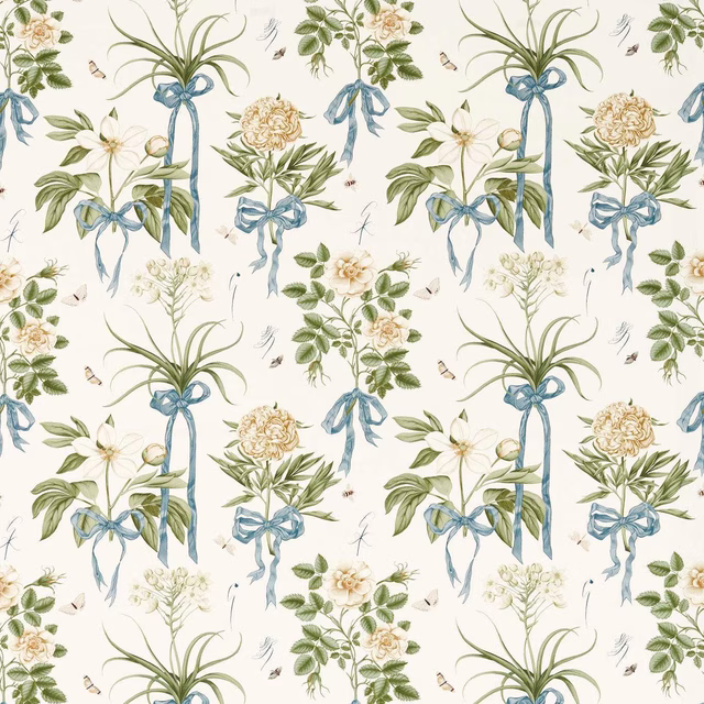 Cream botanical fabric with blue ribbon bows, green foliage and floral sprigs