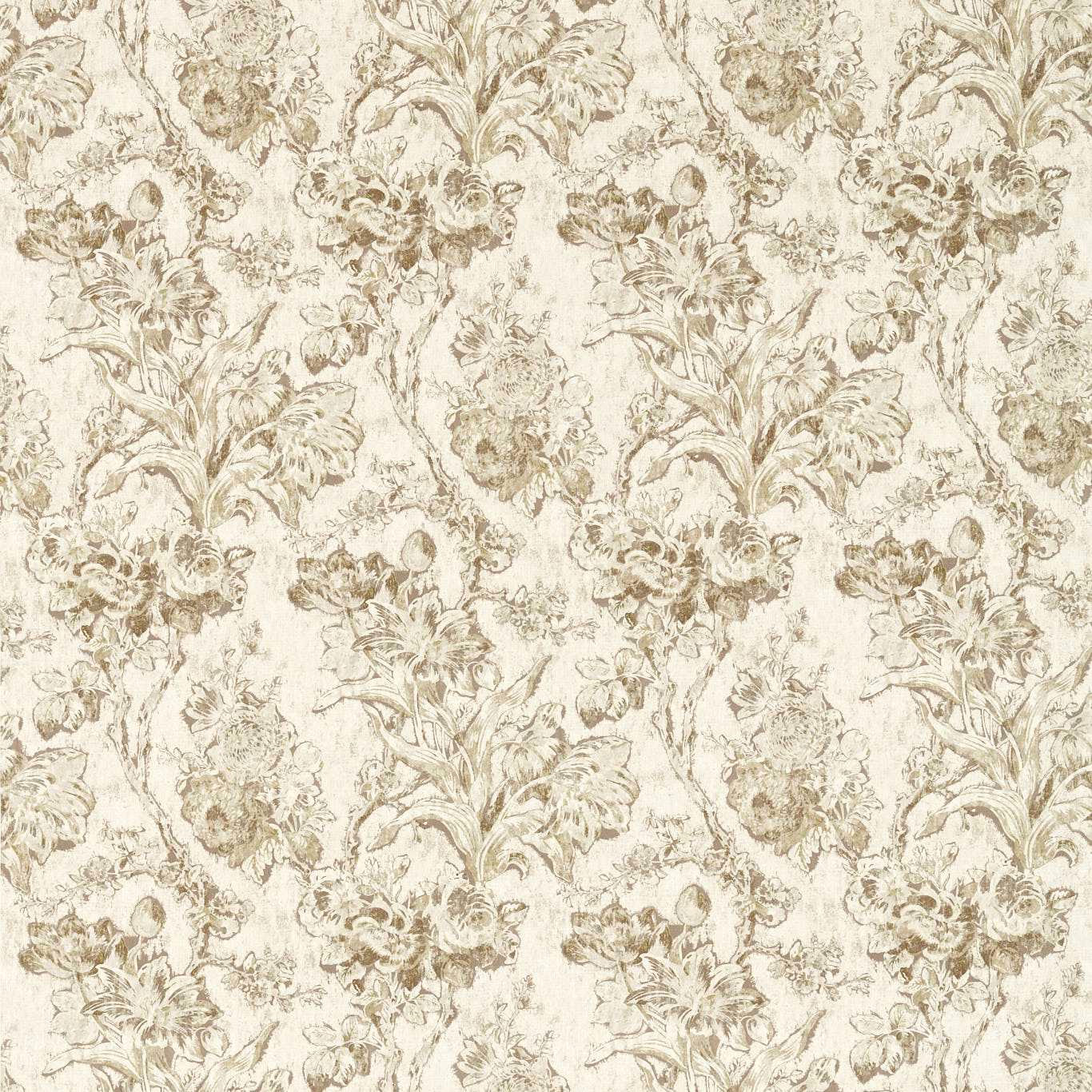 Cream and taupe tulip toile fabric with large floral pattern on a jute ground