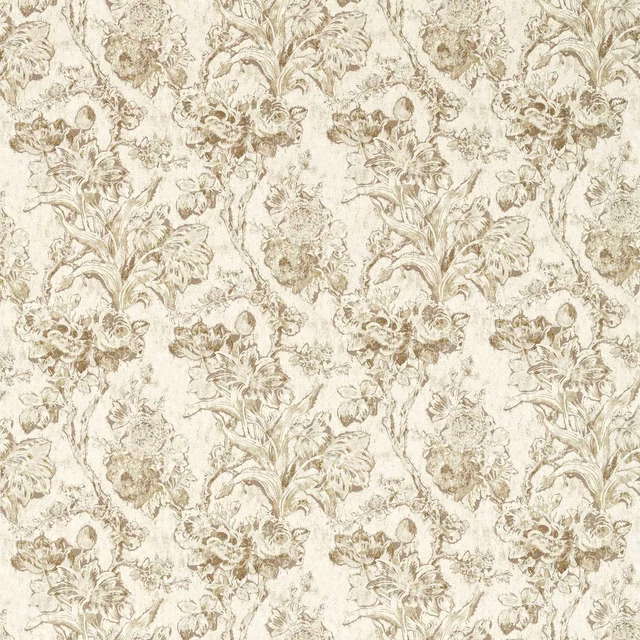 Cream and taupe tulip toile fabric with large floral pattern on a jute ground