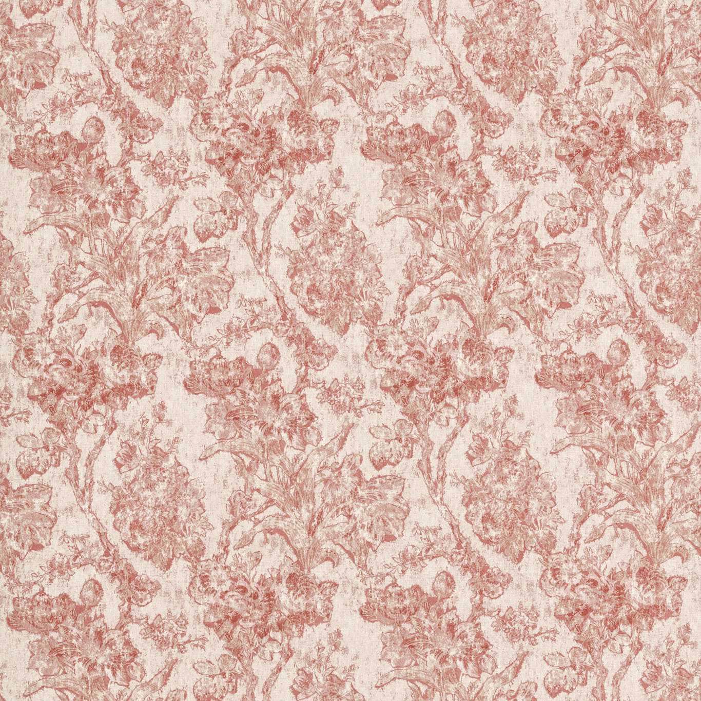 Large-scale faded pink floral toile on a pale putty ground