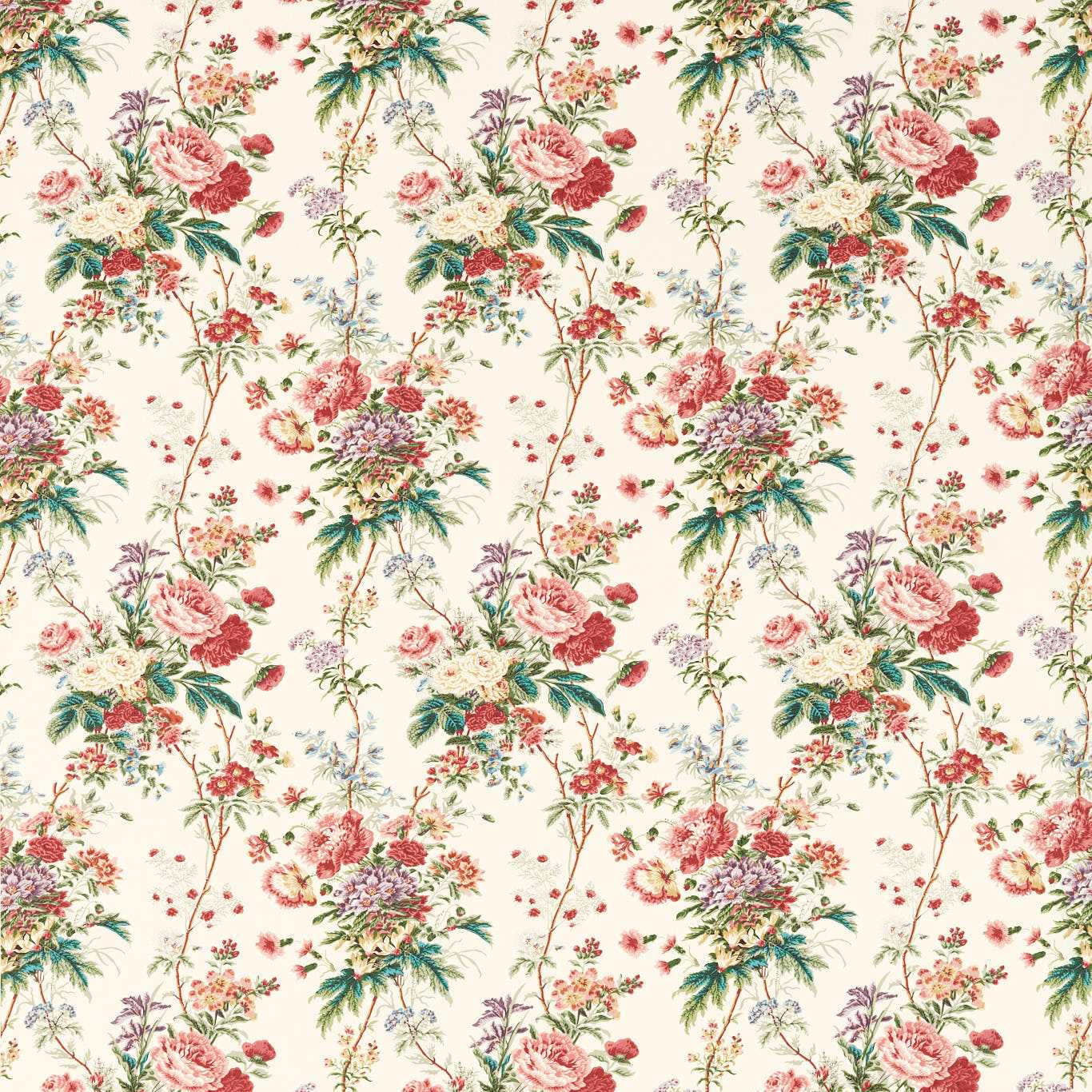 Cream floral fabric with carmine pink roses, green foliage and lilac accents