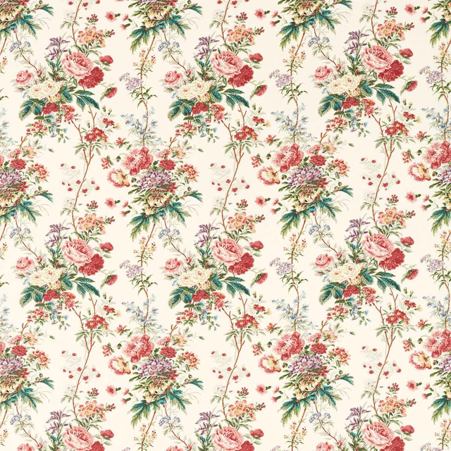 Cream floral fabric with carmine pink roses, green foliage and lilac accents