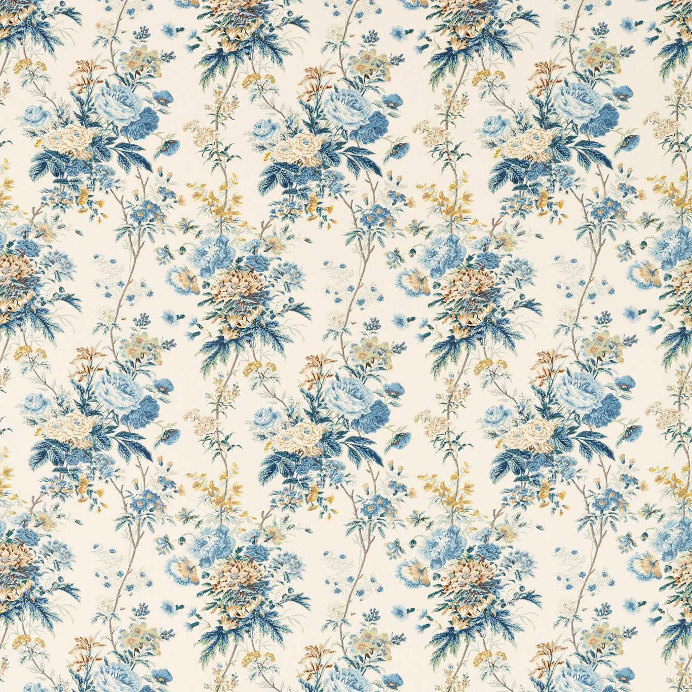 Cream fabric swatch with large blue and gold floral trailing pattern