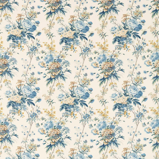Cream fabric swatch with large blue and gold floral trailing pattern
