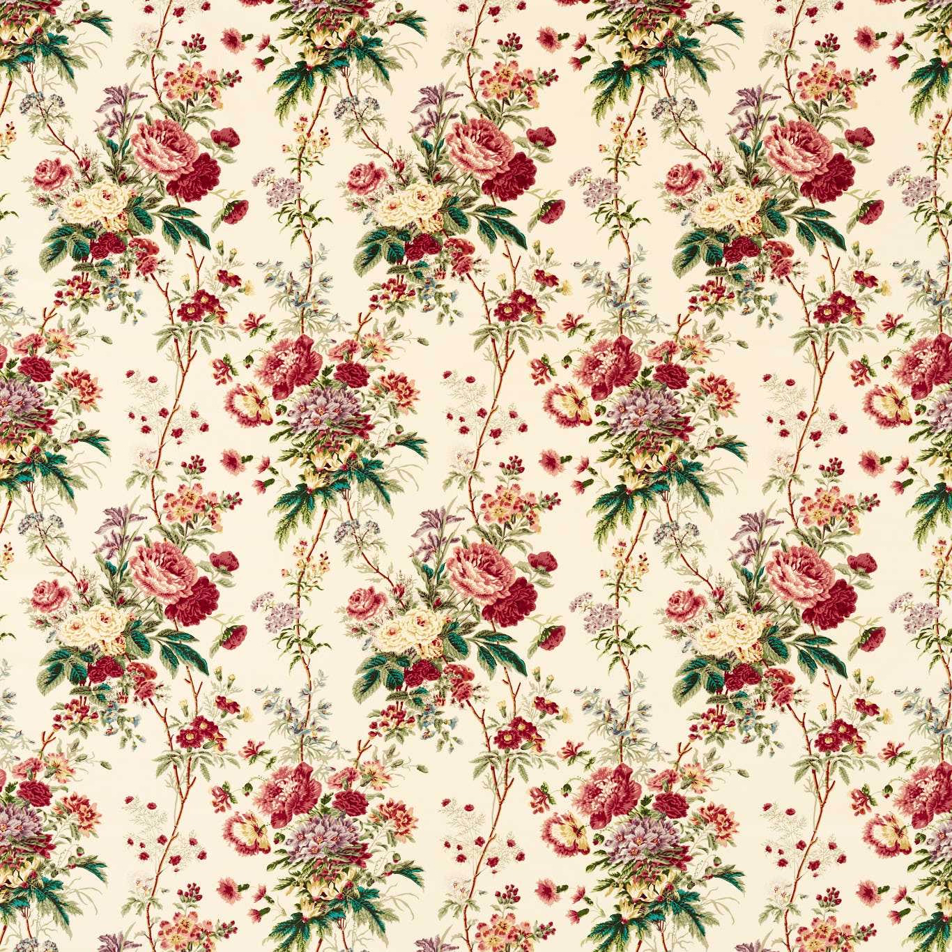 Cream velvet fabric with trailing carmine and teal floral sprays