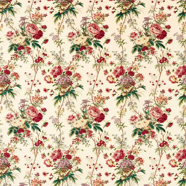 Cream velvet fabric with trailing carmine and teal floral sprays