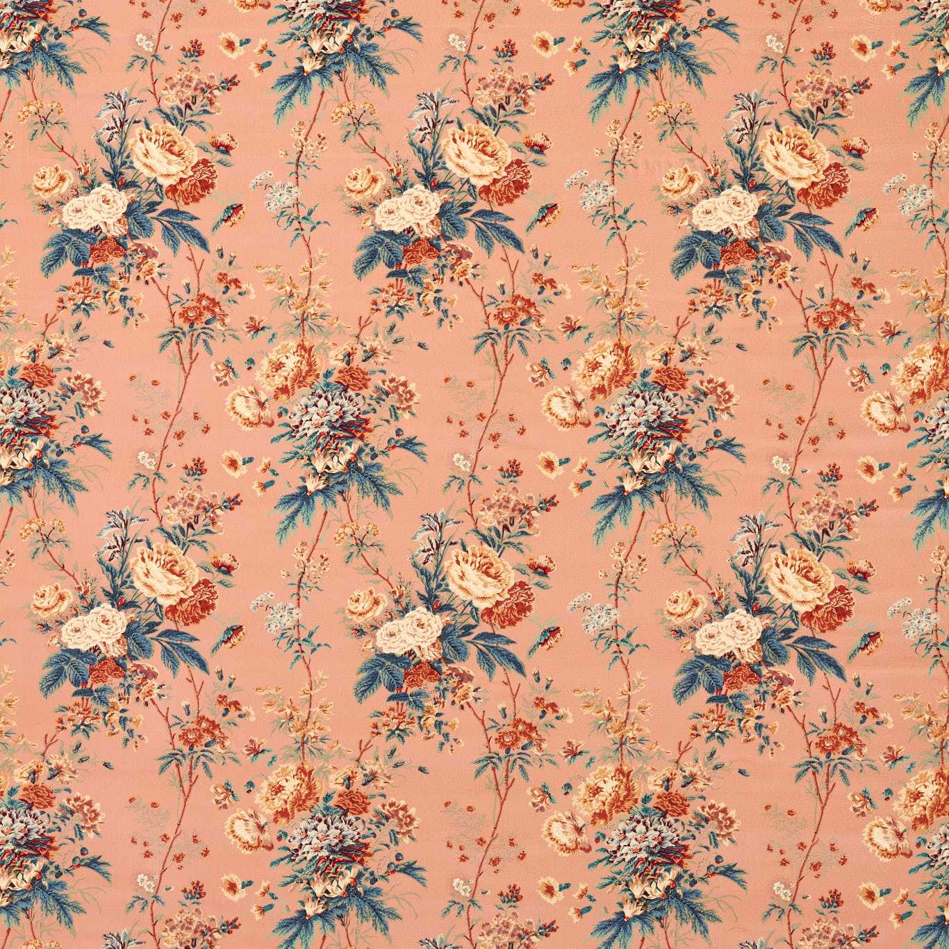 Sandstone pink velvet with large cream, teal and coral floral pattern