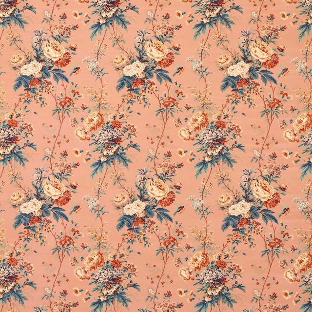 Sandstone pink velvet with large cream, teal and coral floral pattern