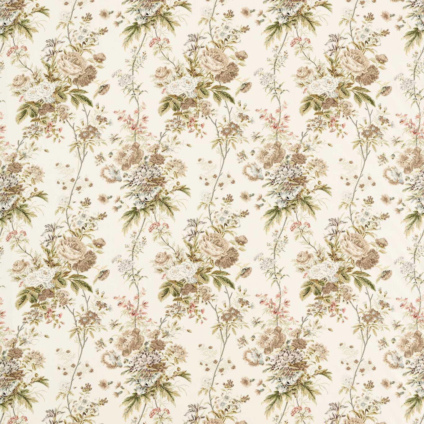 Cream floral fabric with walnut, sage and blush bouquet trails