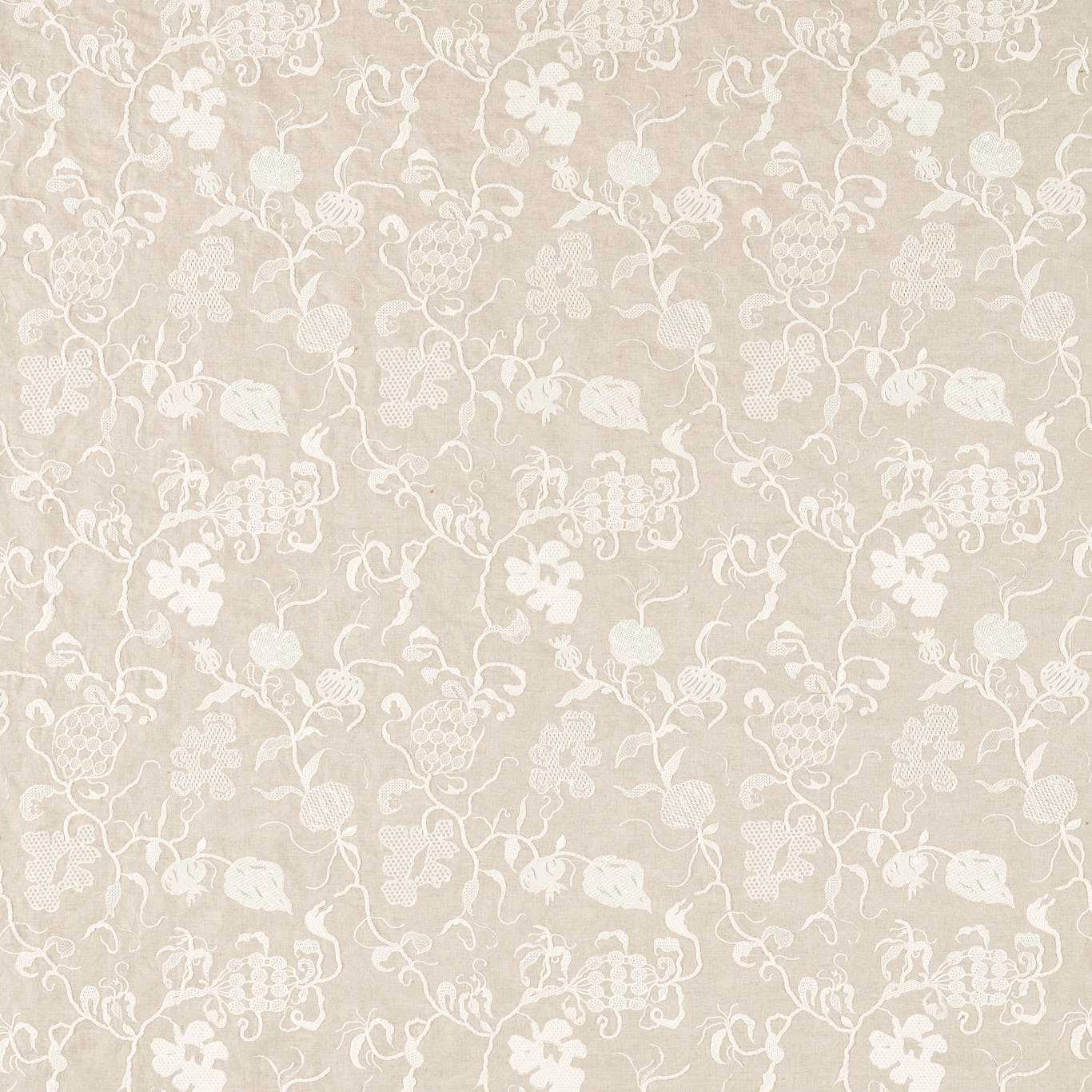 Chalk white floral vine pattern on a warm linen-beige woven fabric