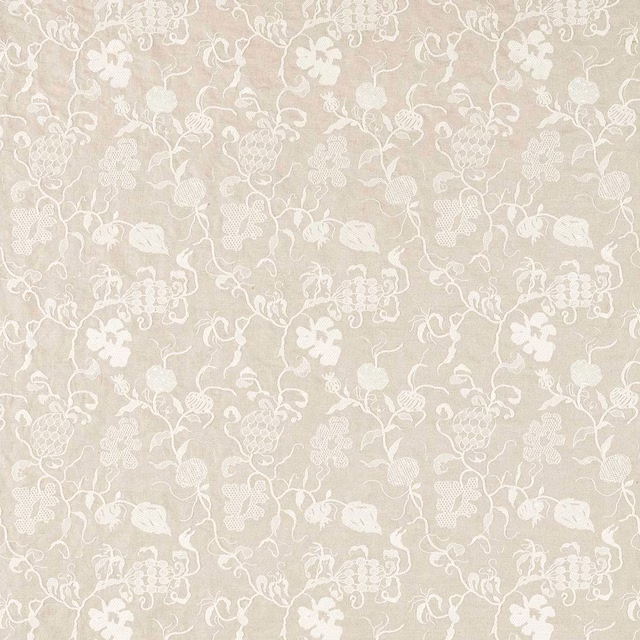 Chalk white floral vine pattern on a warm linen-beige woven fabric