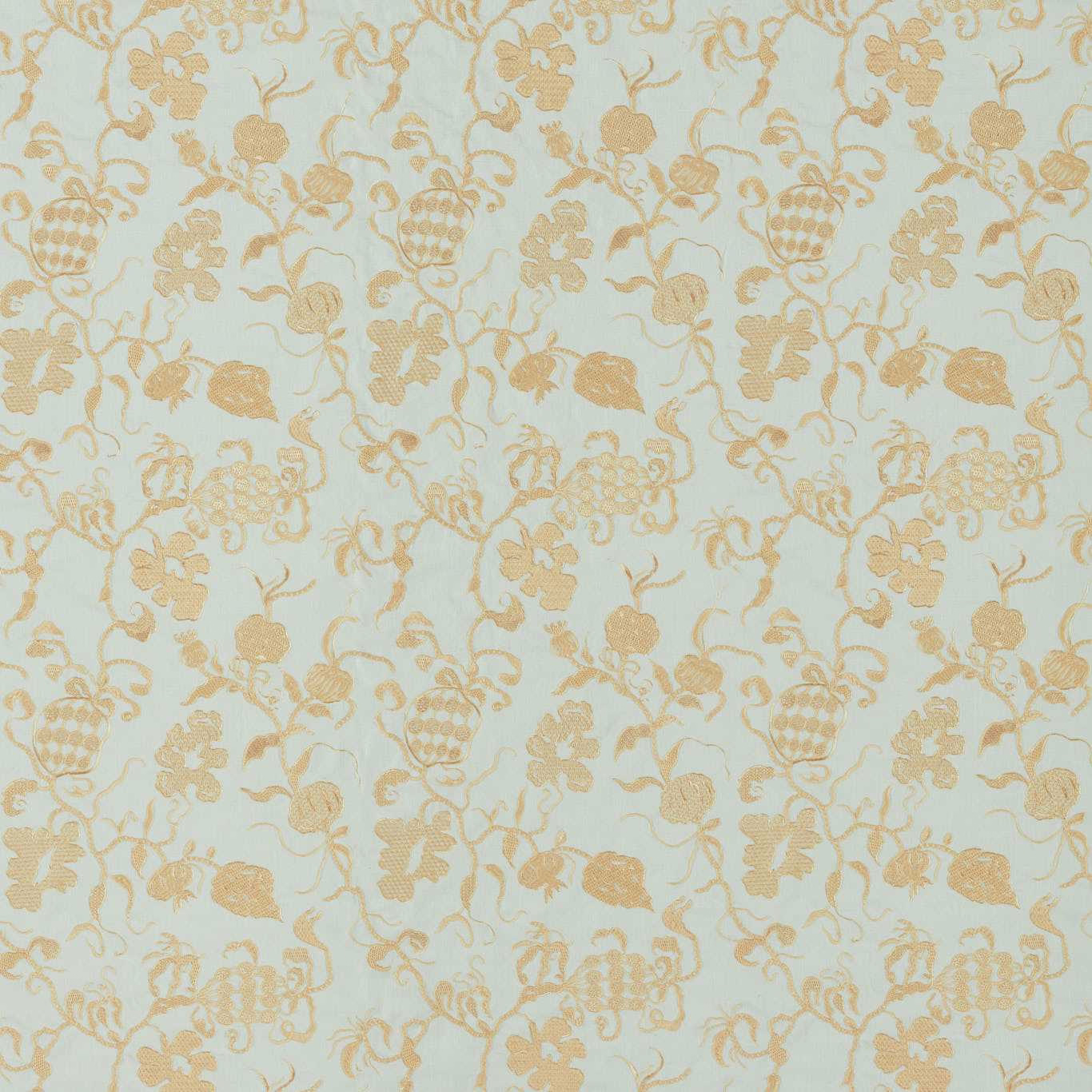 Pale smog blue woven fabric with warm gold botanical motif