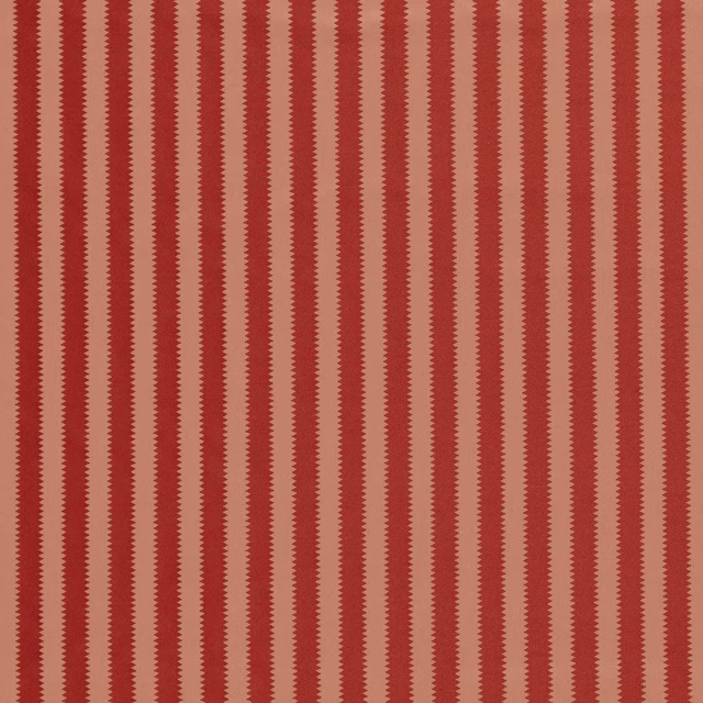 Vertical madder red stripes on a sandstone woven fabric with zigzag edges