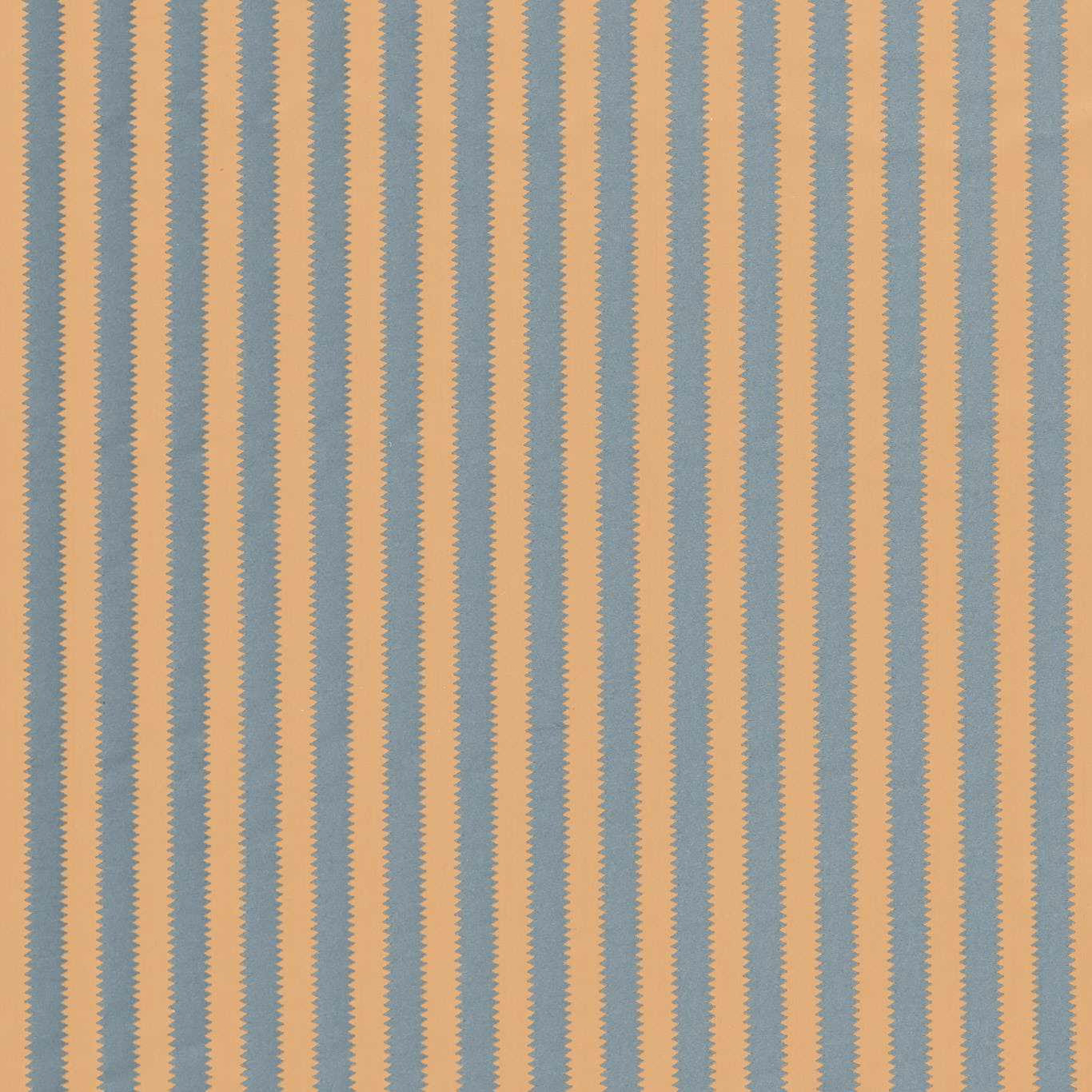 Vertical porcelain blue and chamomile striped fabric swatch with fine serrated edges