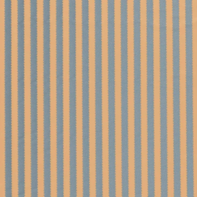 Vertical porcelain blue and chamomile striped fabric swatch with fine serrated edges