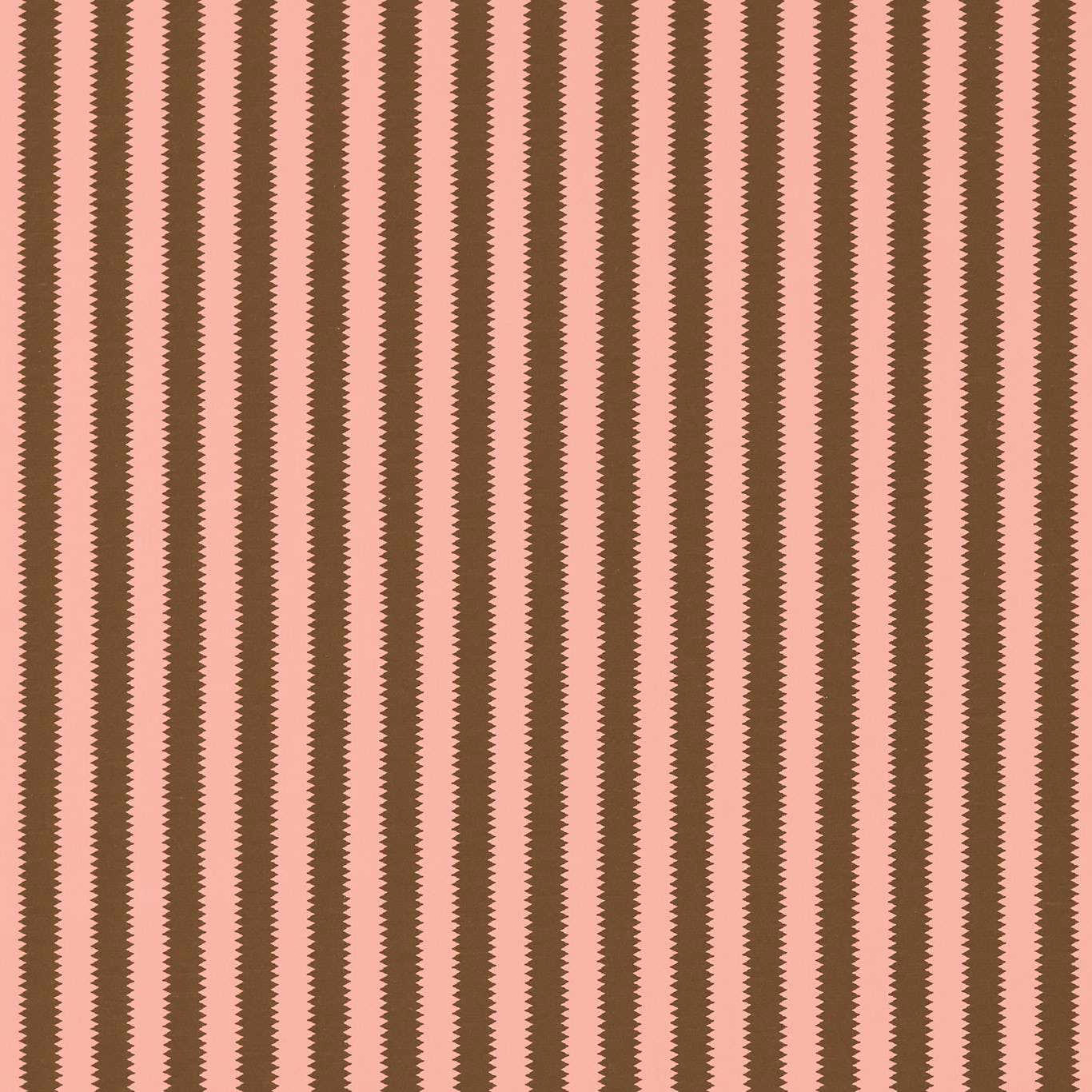 Vertical blush pink and walnut striped woven fabric swatch with fine saw-tooth edges