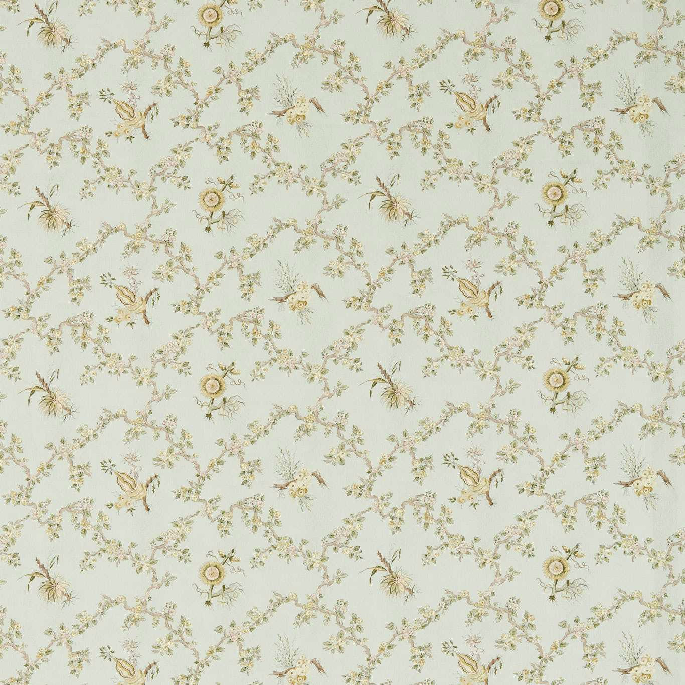 Pale seafoam green trellis fabric with delicate floral and bird motifs