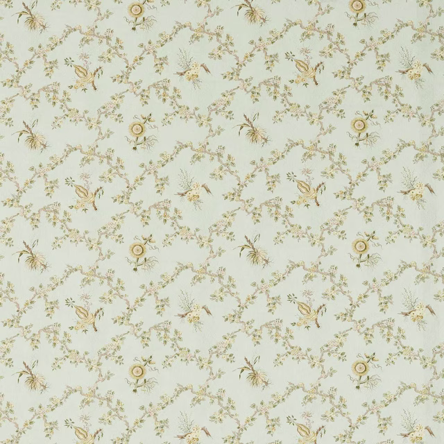 Pale seafoam green trellis fabric with delicate floral and bird motifs