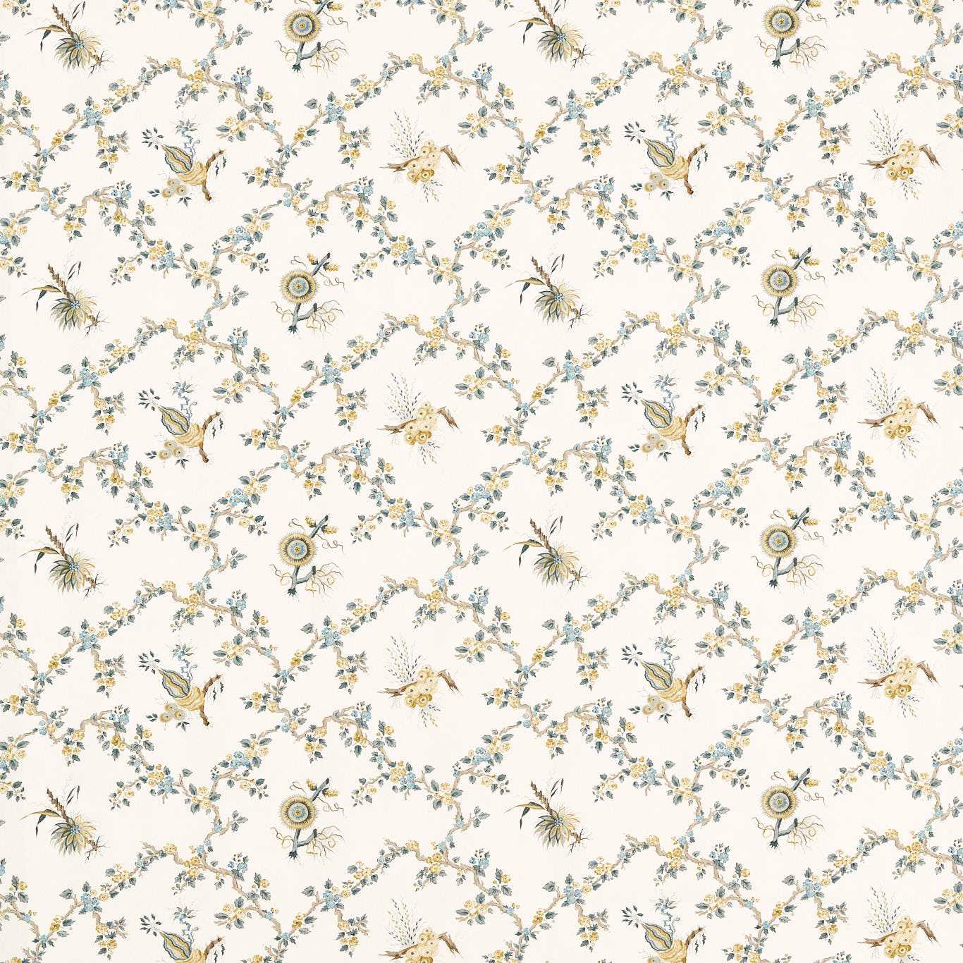 Cream fabric swatch with delicate trellis florals, birds and medallions