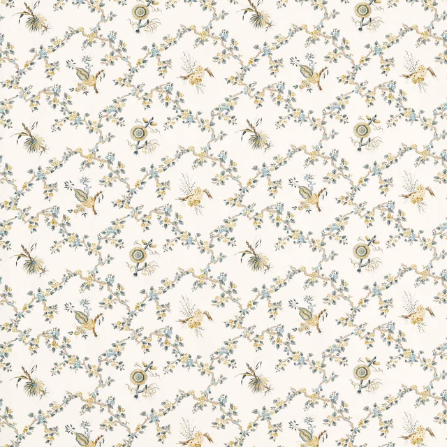 Cream fabric swatch with delicate trellis florals, birds and medallions