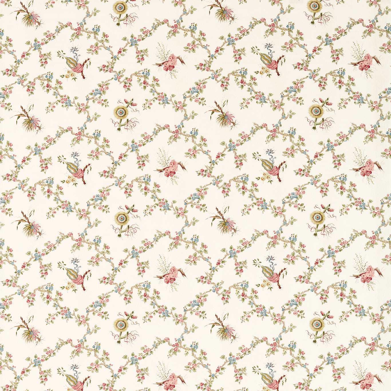 Cream fabric swatch with tiny floral trellis, birds and raspberry accents