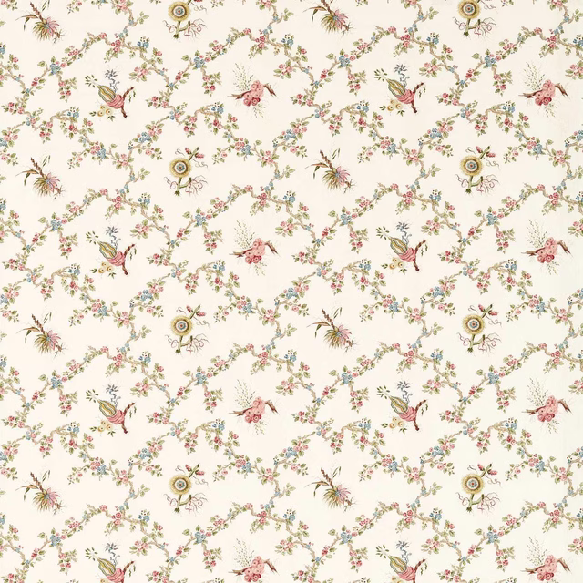 Cream fabric swatch with tiny floral trellis, birds and raspberry accents