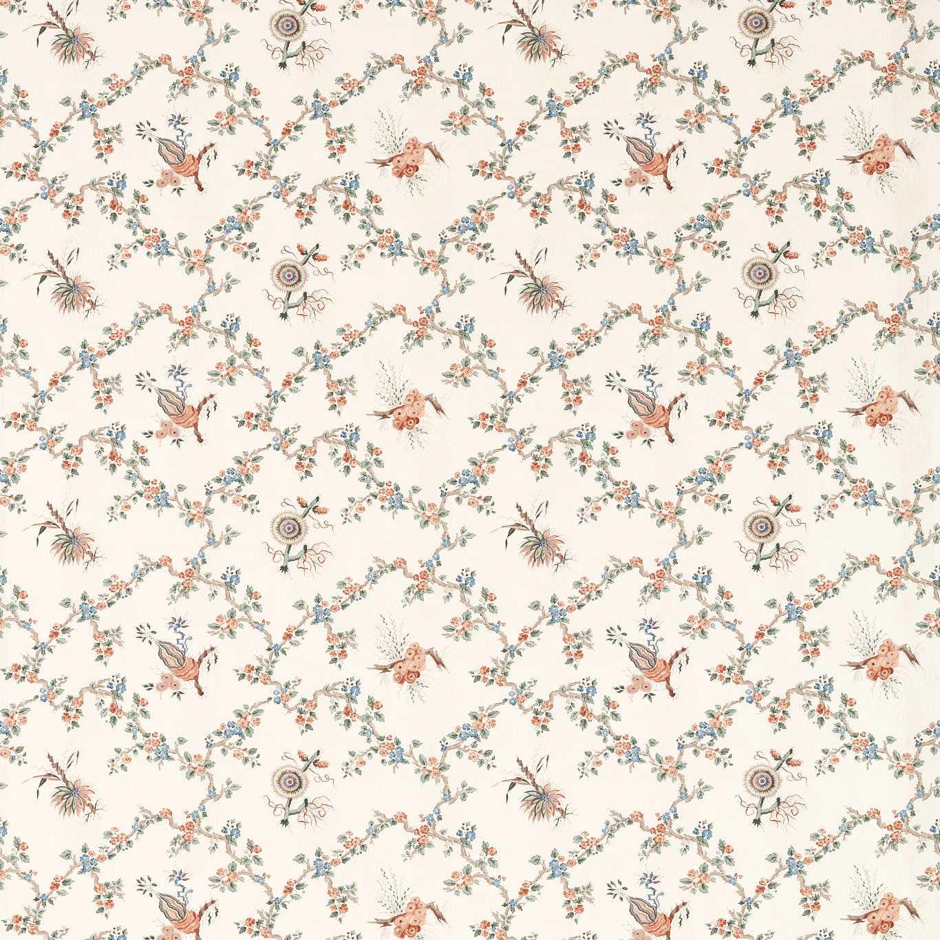 Cream floral trellis fabric with blue, coral, and green trailing sprigs