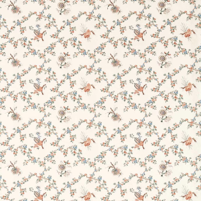 Cream floral trellis fabric with blue, coral, and green trailing sprigs