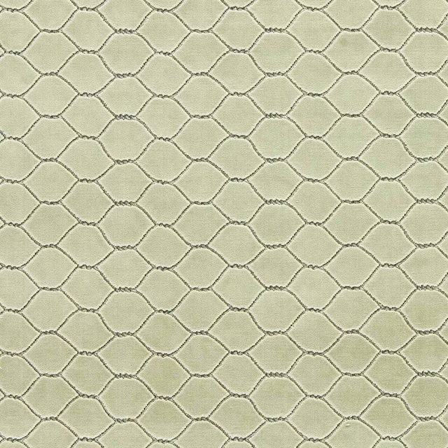 Pale pistachio velvet with small interlocking geometric pattern and soft sheen