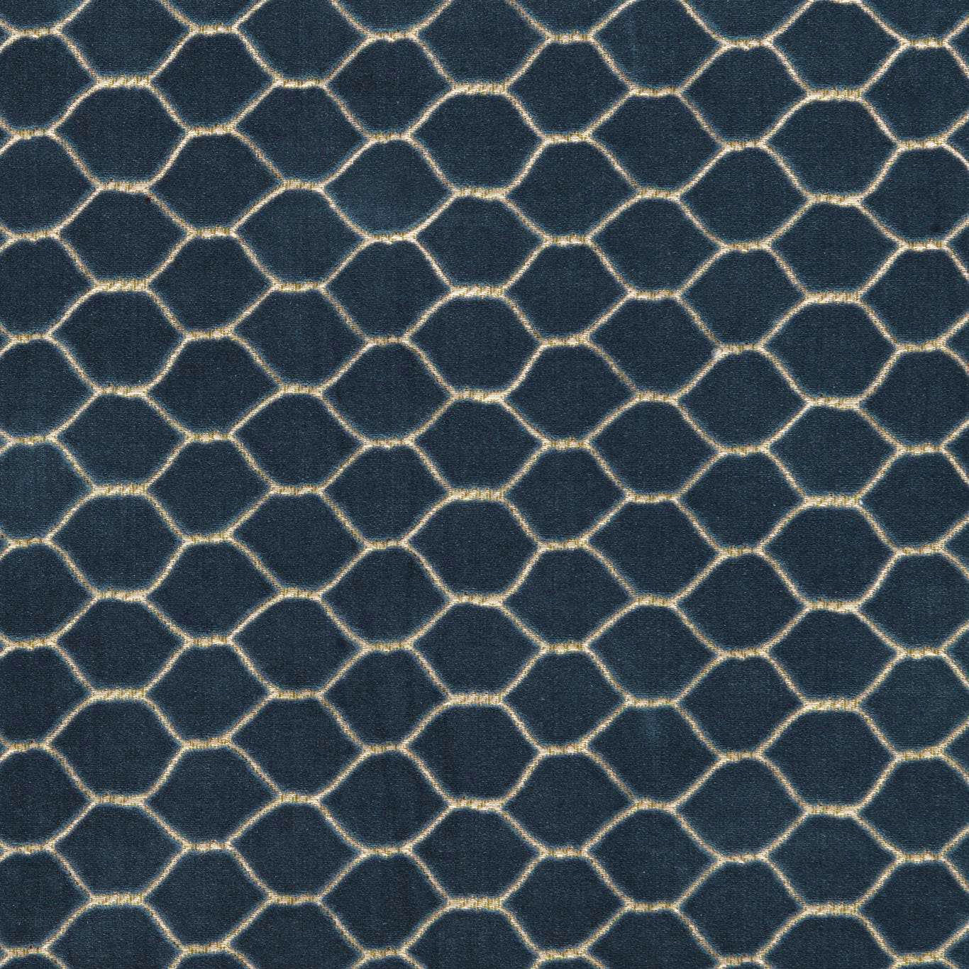 Deep teal-blue geometric velvet with pale outlined lattice pattern