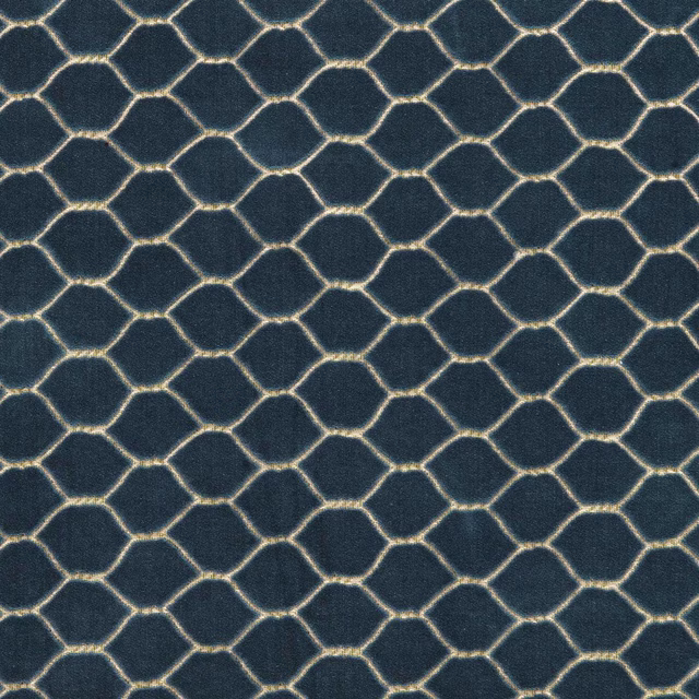 Deep teal-blue geometric velvet with pale outlined lattice pattern