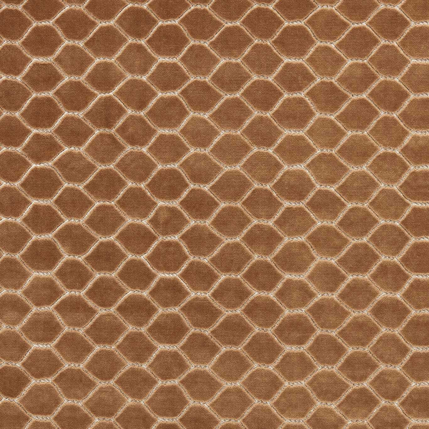 Bronze geometric velvet swatch with small linked lattice pattern and soft sheen