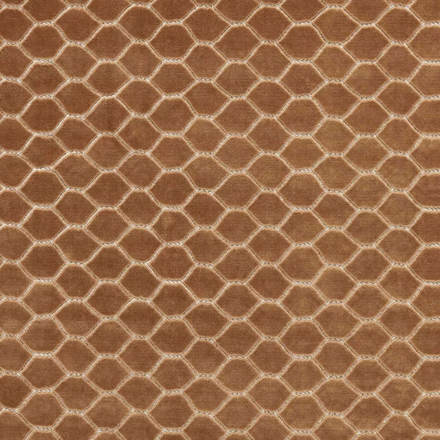 Bronze geometric velvet swatch with small linked lattice pattern and soft sheen