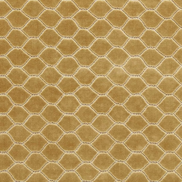 Gold velvet fabric with rounded lattice motif and pale outlined repeat