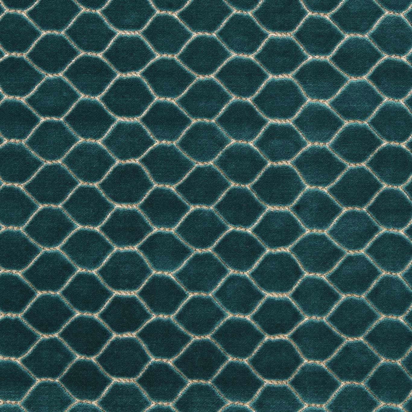Teal velvet swatch with small geometric lattice pattern and soft sheen