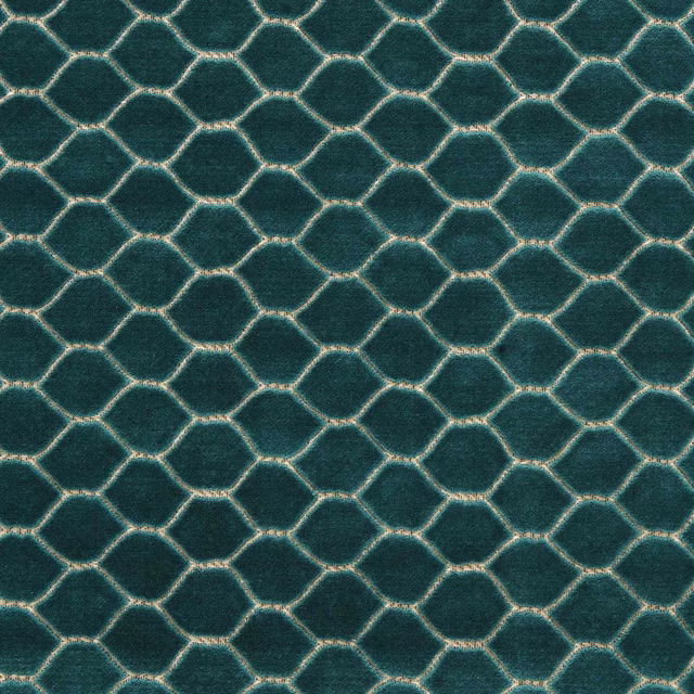 Teal velvet swatch with small geometric lattice pattern and soft sheen