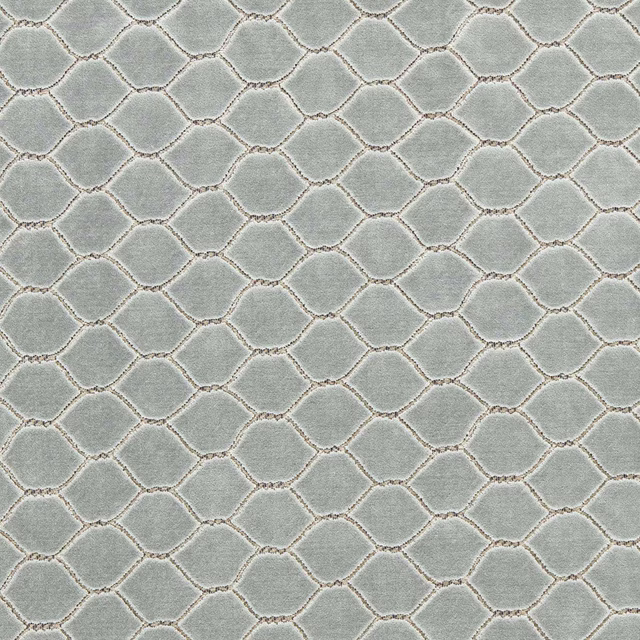 Pale porcelain blue velvet swatch with small diamond lattice and soft pile sheen