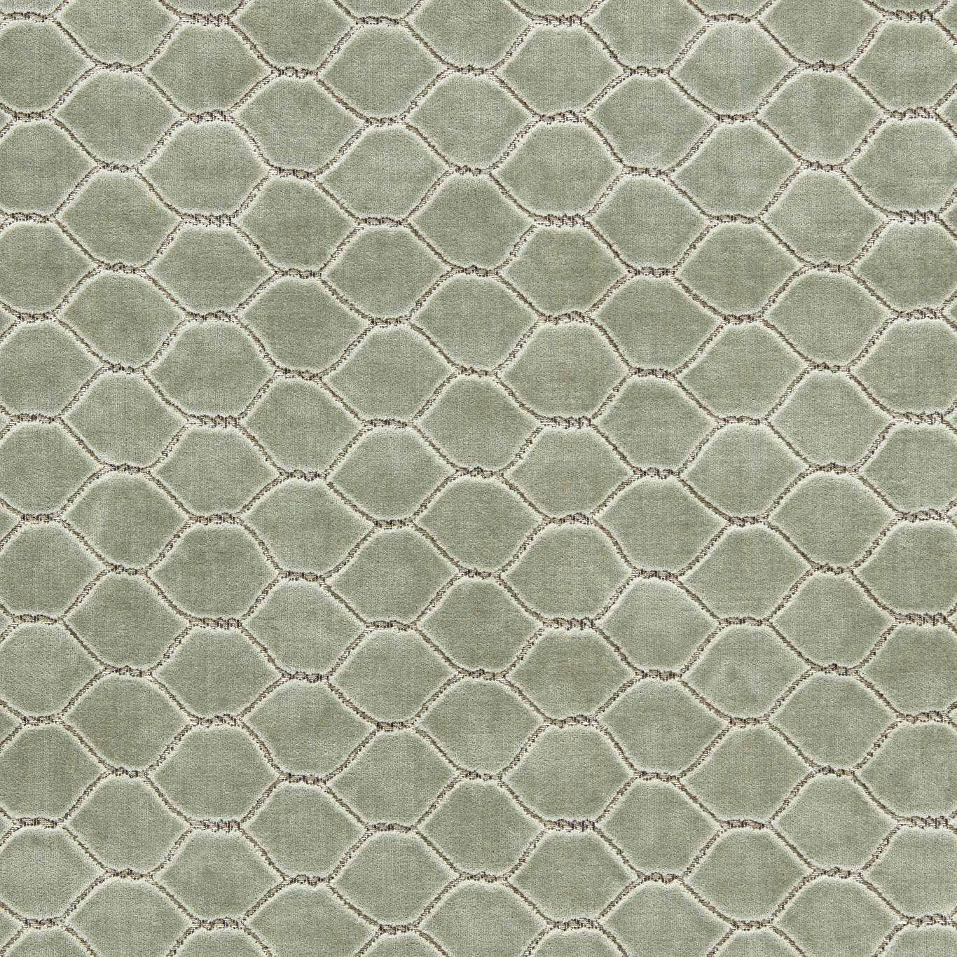 Soft sage-green velvet with a linked geometric pattern and plush brushed pile