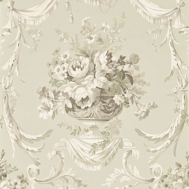 Pale celadon wallpaper with an ornate floral urn and swagged drapery motif