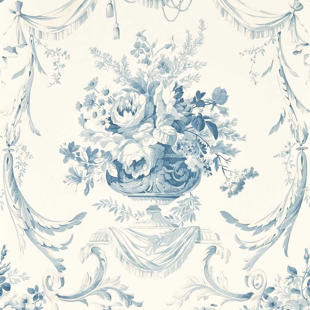 Ivory wallpaper with dusty blue floral urn, draped swags and scrolling foliage