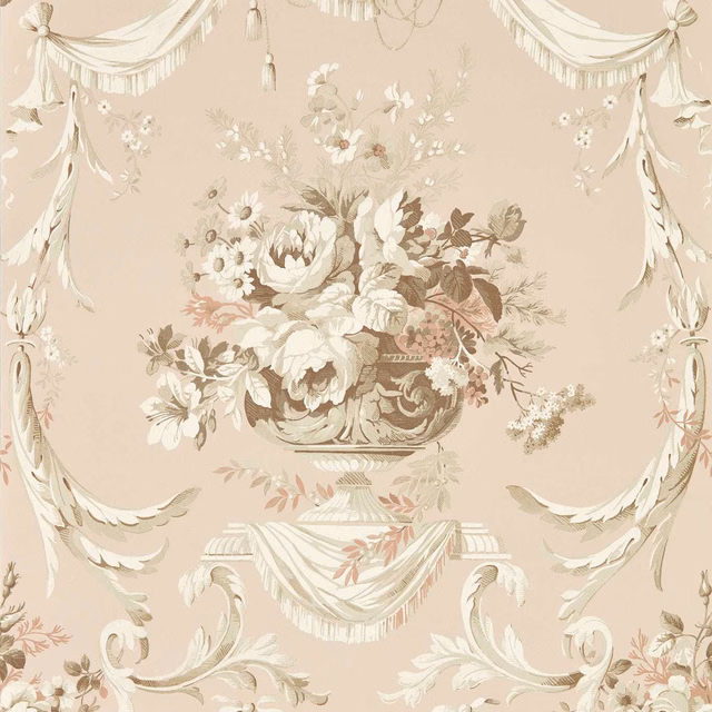 Warm putty wallpaper with an urn of layered florals and sweeping cream swags