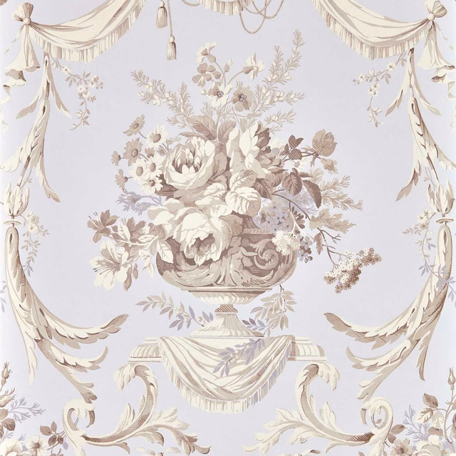 Pale Tyrian lilac wallpaper with ornate floral urn, swags and tassels
