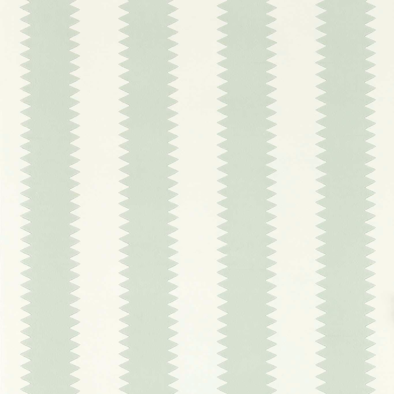 Pale celadon wallpaper with fine white zigzag columns in a cool vertical striped design