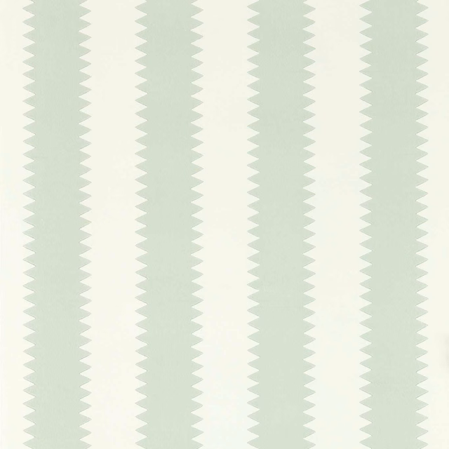 Pale celadon wallpaper with fine white zigzag columns in a cool vertical striped design